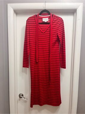 Red & Black Striped V-Neck Knit Dress